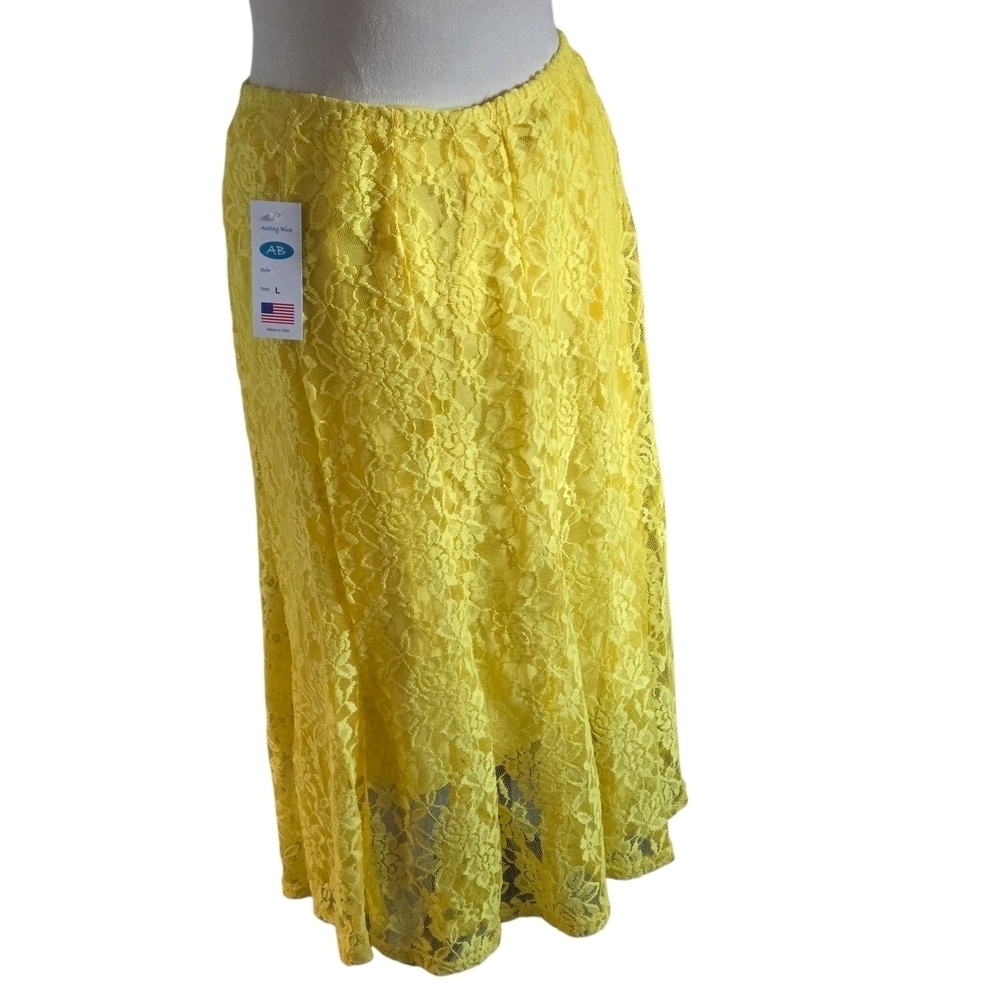 NWT Ashley Blue Woman’s L Trumpet Skirt Yellow Floral Lace Lined USA Made - Picture 3 of 12